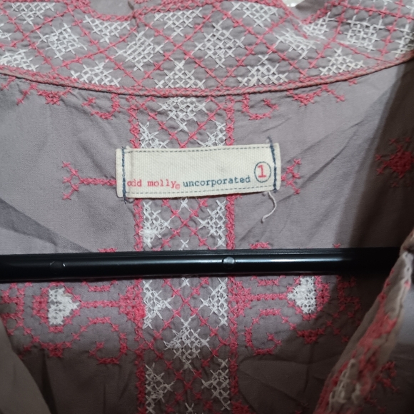 Odd Molly Anthropologie Pink Gray Embroidered Cotton Shirt Dress - Picture 5 of 5